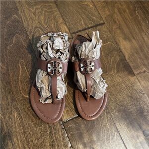 Brown Leather Sandals with Logo Accent
